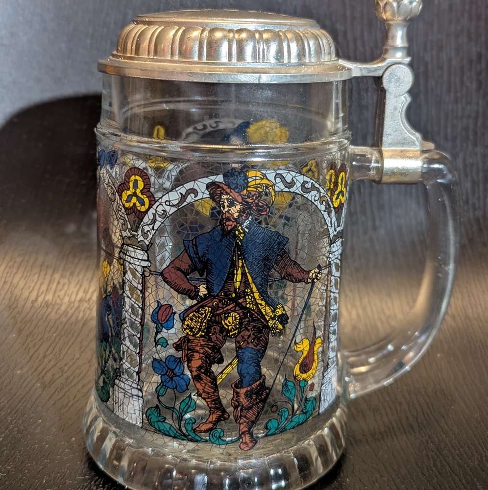 Vintage 60s 3 Musketeers SMR Lidded Glass Beer Stein West Germany